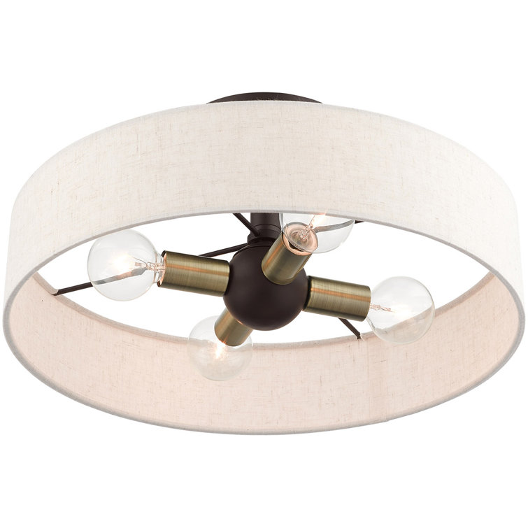 Bronze Antique Brass 4-Light Drum Semi-Flush Mount with Oatmeal Shade