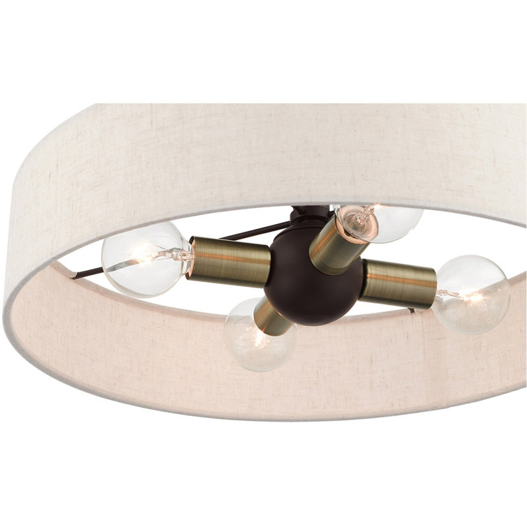 Bronze Antique Brass 4-Light Drum Semi-Flush Mount with Oatmeal Shade