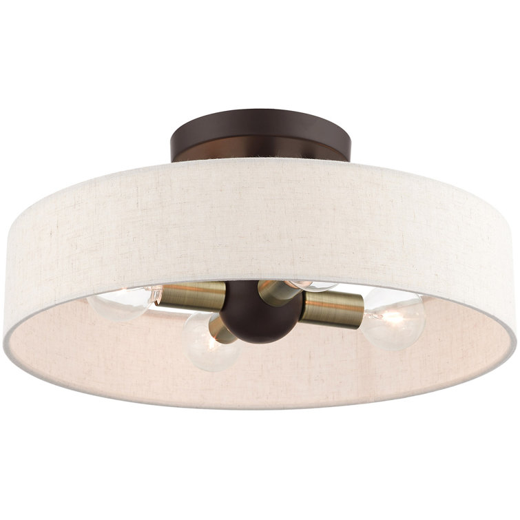 Bronze Antique Brass 4-Light Drum Semi-Flush Mount with Oatmeal Shade