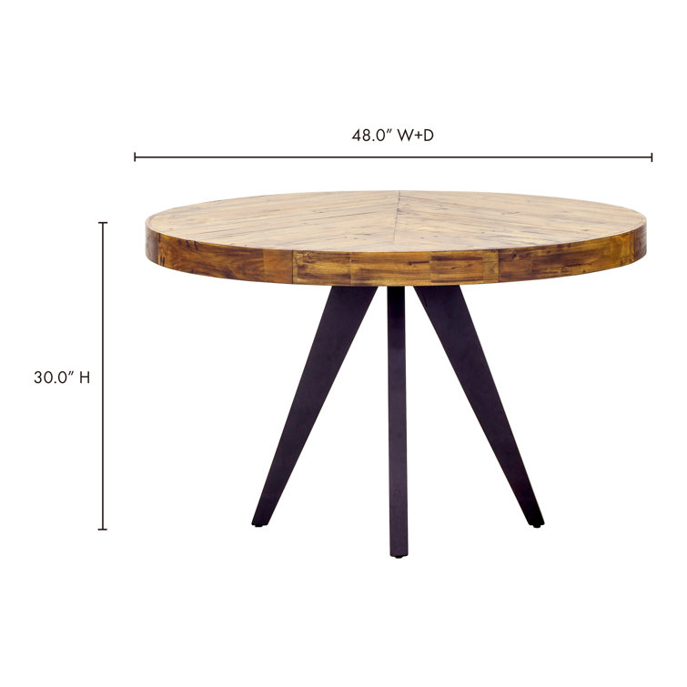 Rustic Acacia Wood Parquet Round Dining Table with Black Legs