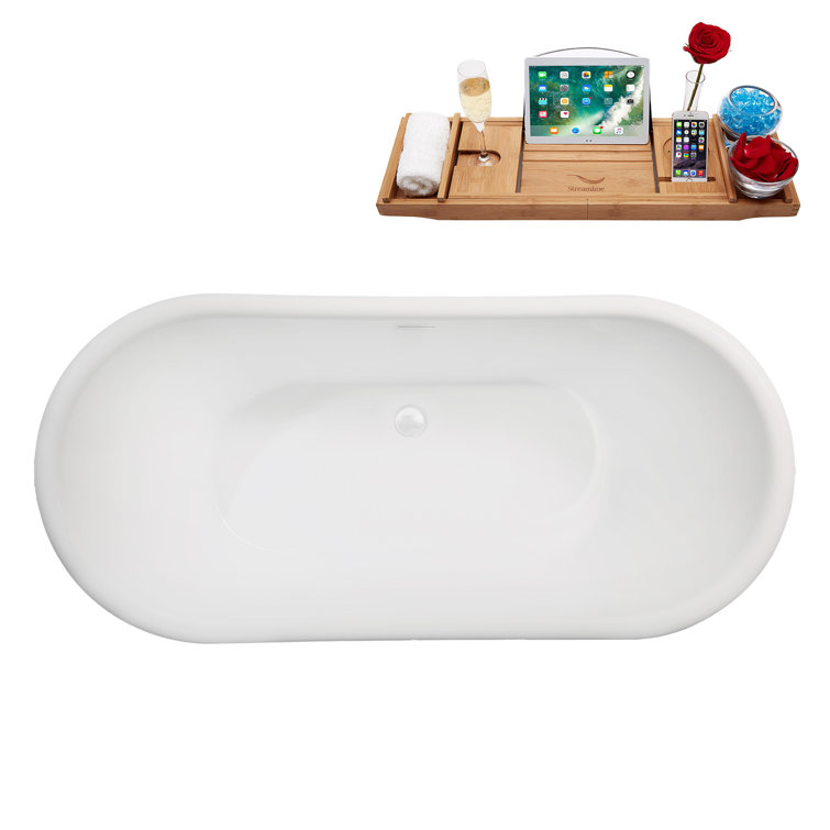 66.5" Glossy White Acrylic Freestanding Soaking Tub with Tray