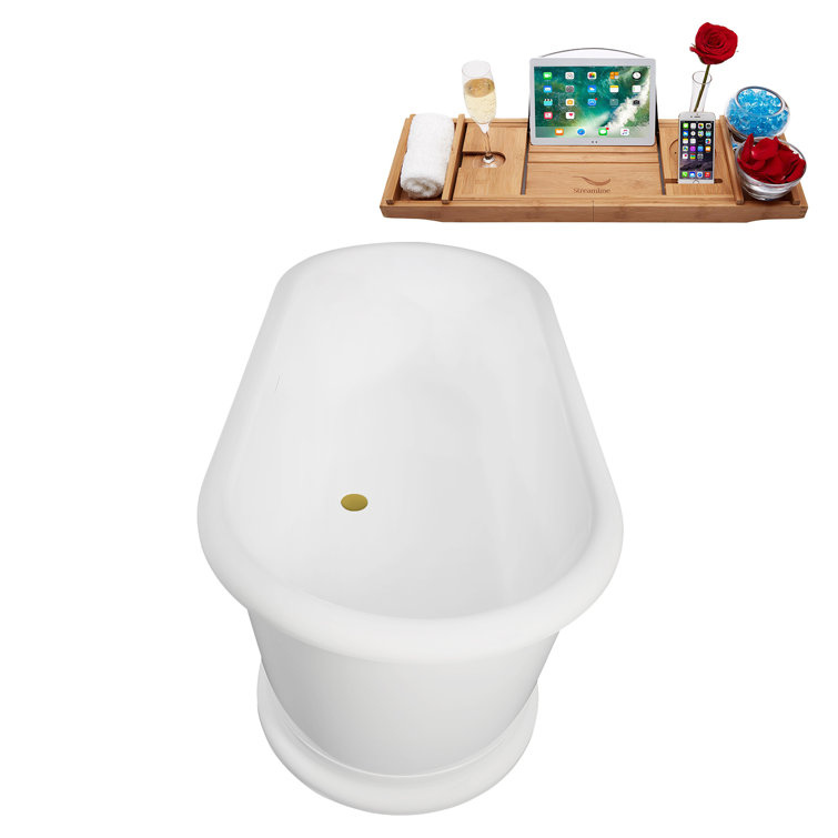71'' Glossy White Acrylic Freestanding Soaking Tub with Brushed Gold Trim