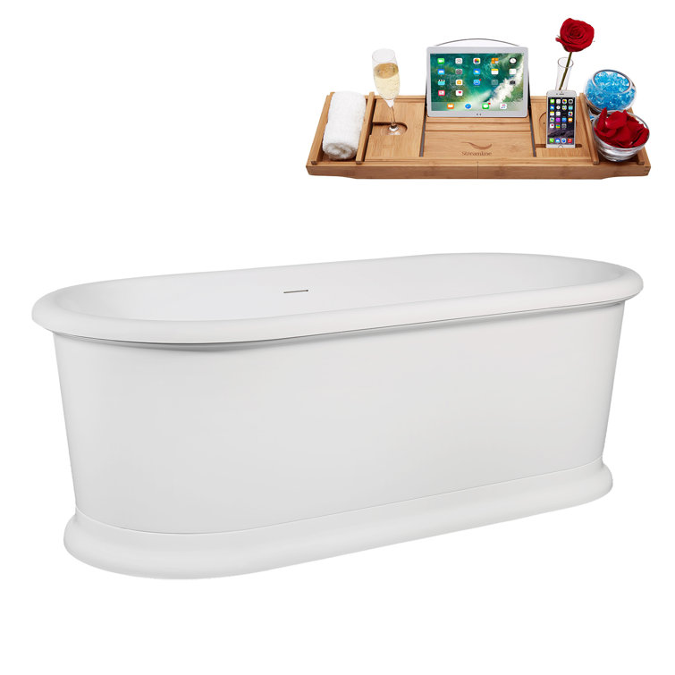 71" Glossy White Acrylic Freestanding Soaking Tub with Tray