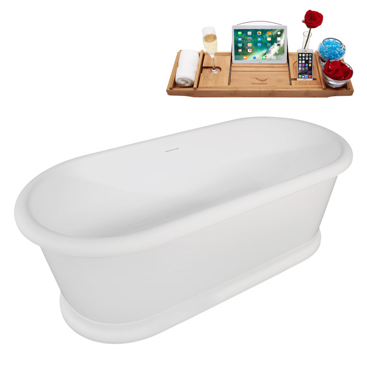 71" Glossy White Acrylic Freestanding Soaking Tub with Tray