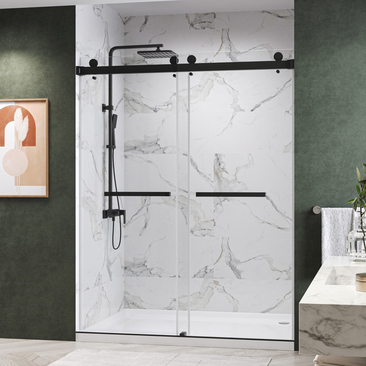 72-Inch Matte Black Frameless Double Sliding Shower Door with Clear Glass