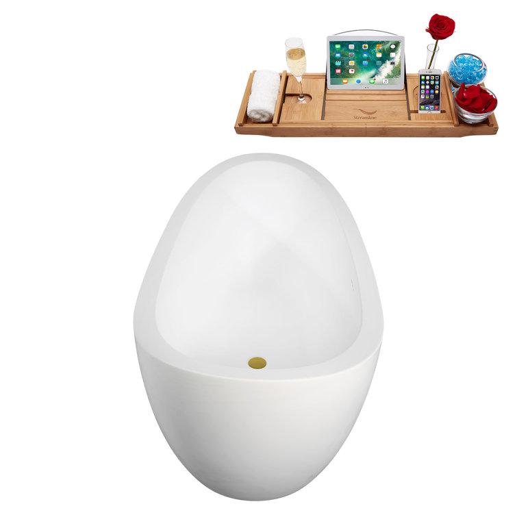 67" Matte White Acrylic Freestanding Soaking Tub with Brushed Gold Trim