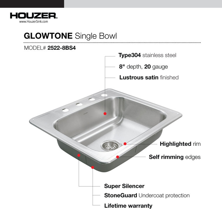 Glowtone 25" Stainless Steel Single Bowl Kitchen Sink with 4 Faucet Holes