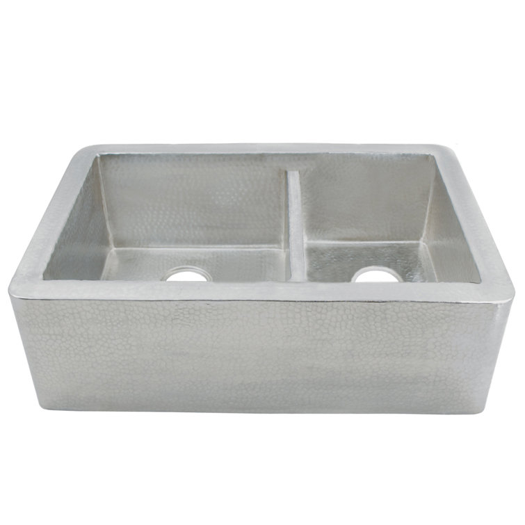 33" Brushed Nickel Hammered Copper Farmhouse Double Basin Sink