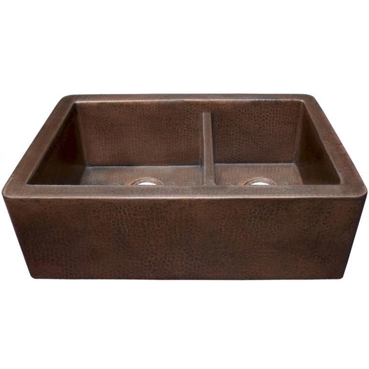33" Antique Copper Double Basin Farmhouse Kitchen Sink