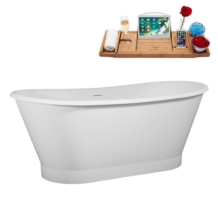 67" Matte White Acrylic Freestanding Soaking Tub with Brushed Nickel Trim