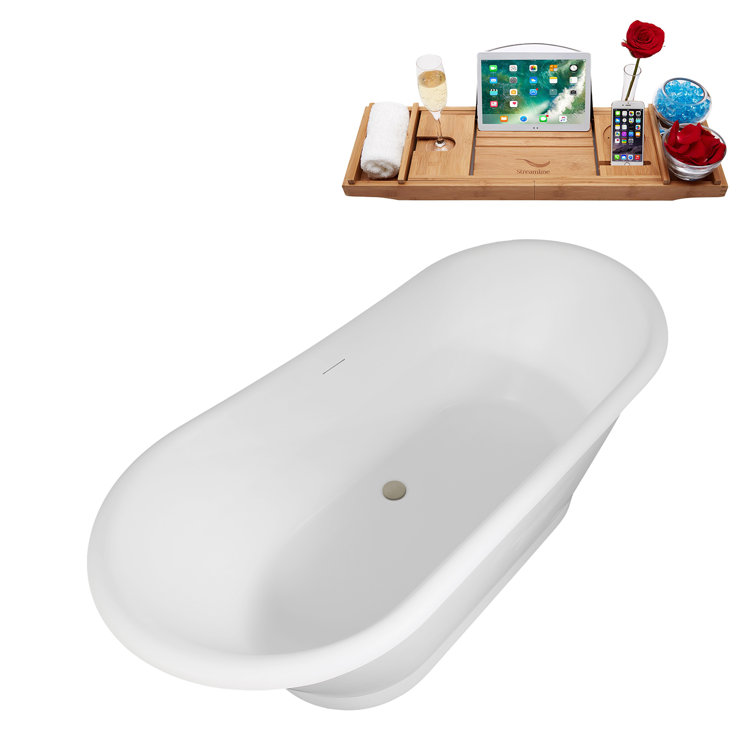 67" Matte White Acrylic Freestanding Soaking Tub with Brushed Nickel Trim