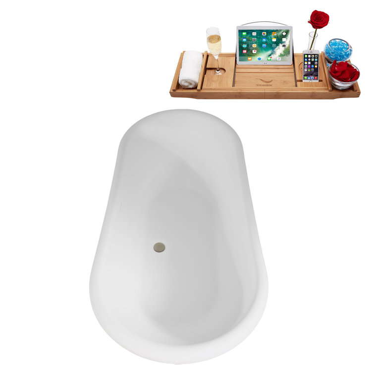 67" Matte White Acrylic Freestanding Soaking Tub with Brushed Nickel Trim