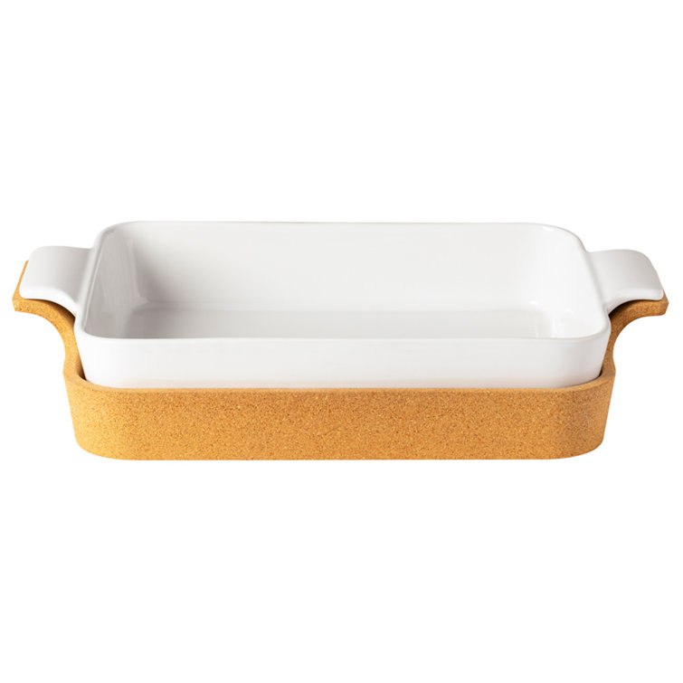 White Stoneware Rectangular Baker with Cork Tray, 16" x 10.25"