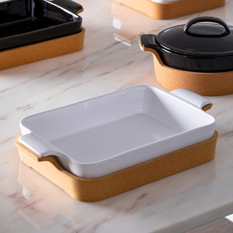 White Stoneware Rectangular Baker with Cork Tray, 16" x 10.25"