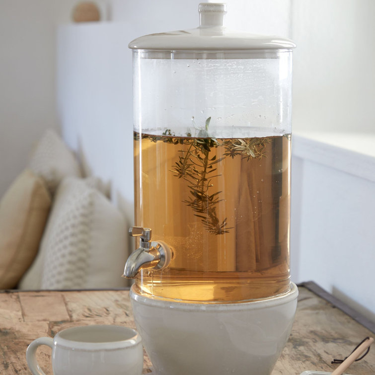 White Glass Drink Dispenser with Ceramic Base, 338 OZ