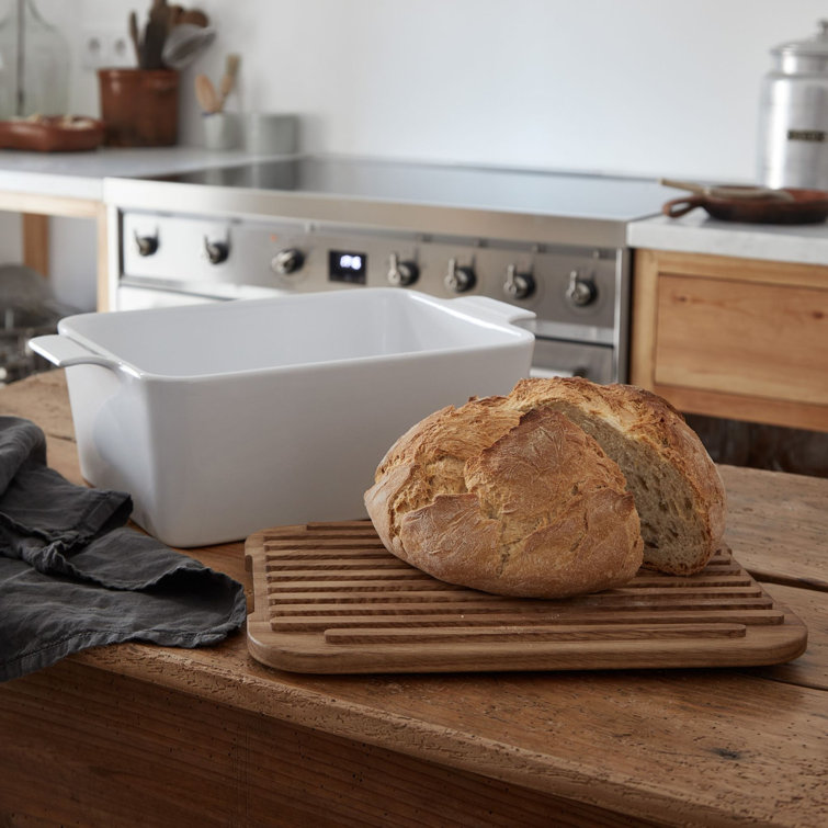 White Rectangular Bread Box with Oak Wood Lid