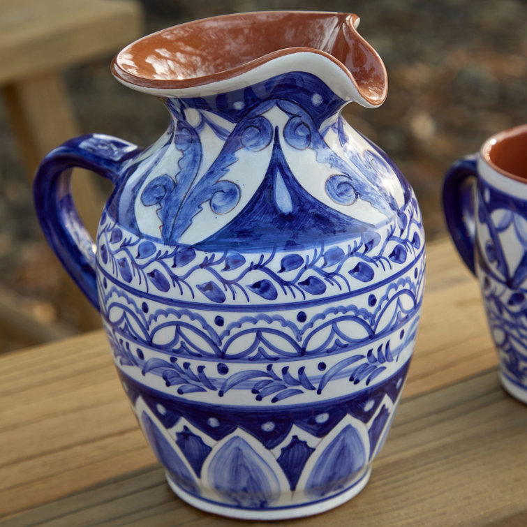 Hand-Painted Blue and White Terracotta Pitcher, 18oz
