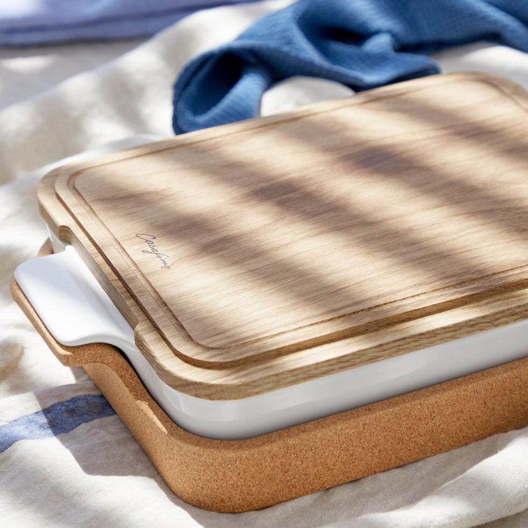 White Stoneware Rectangular Baker with Cork Tray, 16" x 10.25"