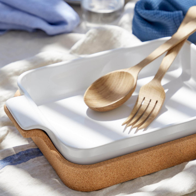 White Stoneware Rectangular Baker with Cork Tray, 16" x 10.25"