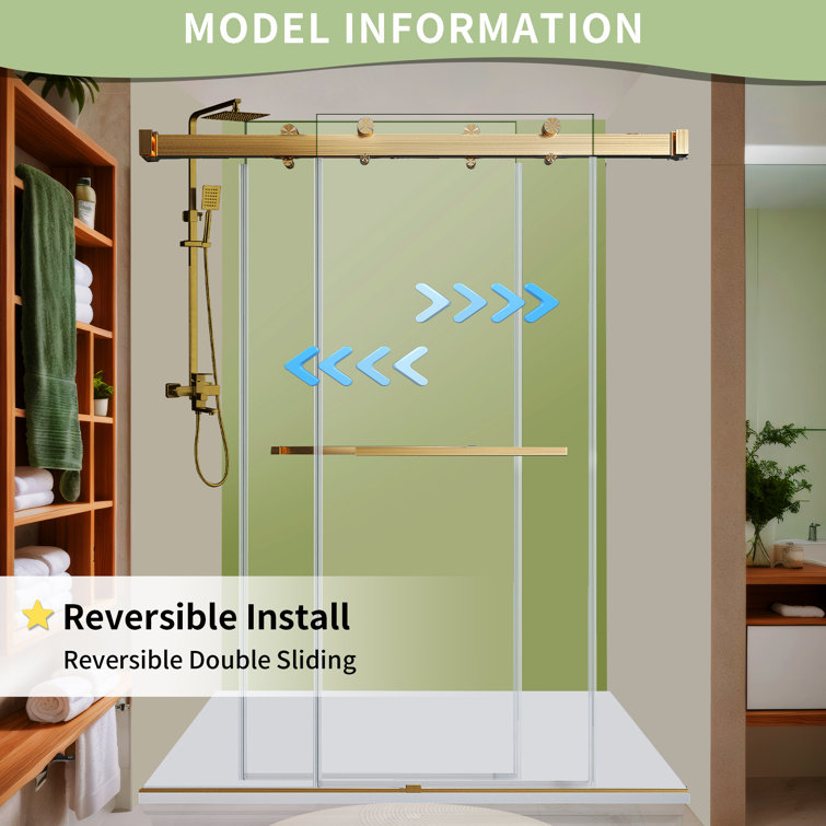 Brushed Gold Frameless Double Sliding Shower Door with Clear Tempered Glass