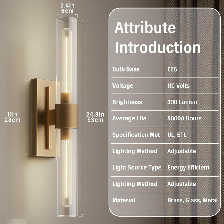 Brass and Glass Dimmable Wall Sconce Set