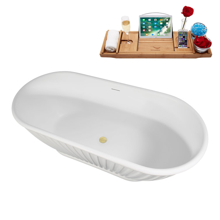 67" Matte White Acrylic Freestanding Slipper Tub with Polished Brass Hardware