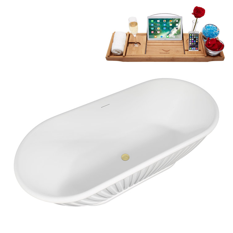 67" Matte White Acrylic Freestanding Slipper Tub with Polished Brass Hardware