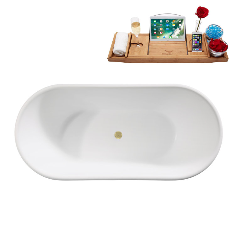 67" Matte White Acrylic Freestanding Slipper Tub with Polished Brass Hardware