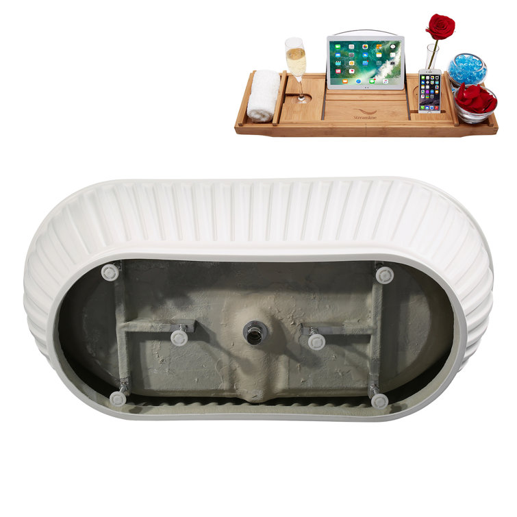 67" Matte White Acrylic Freestanding Slipper Tub with Polished Brass Hardware