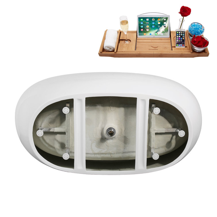 67" Glossy White Acrylic Freestanding Double Slipper Tub with Bamboo Tray