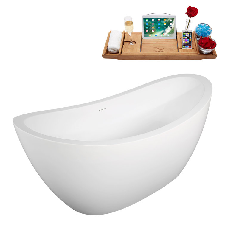 67" Glossy White Acrylic Freestanding Double Slipper Tub with Bamboo Tray