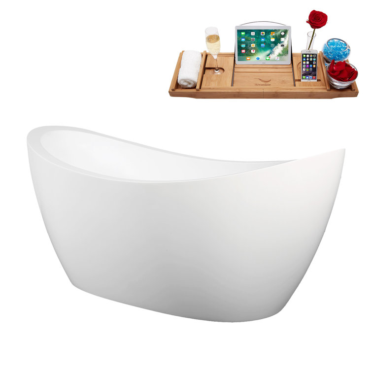 67" Glossy White Acrylic Freestanding Double Slipper Tub with Bamboo Tray