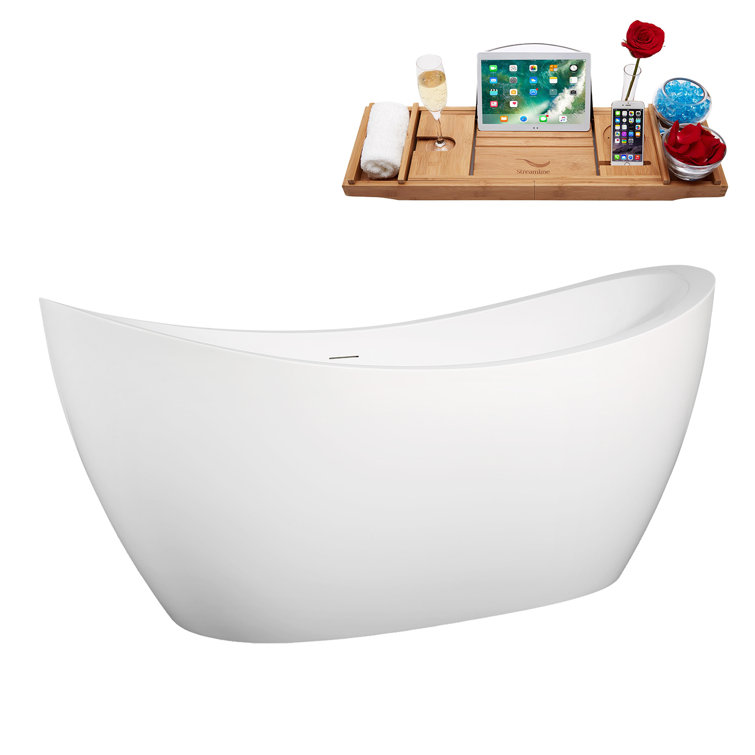67" Glossy White Acrylic Freestanding Double Slipper Tub with Bamboo Tray