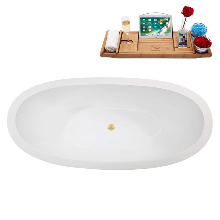 67" Glossy White Acrylic Freestanding Double Slipper Tub with Bamboo Tray