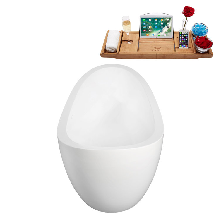 67" Glossy White Acrylic Freestanding Double Slipper Tub with Bamboo Tray
