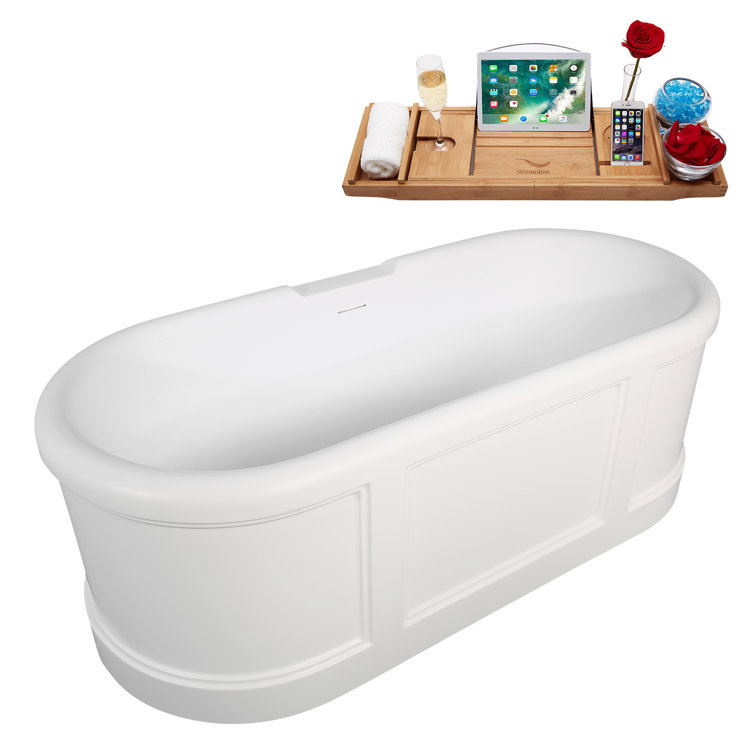 67" Matte White Acrylic Freestanding Soaking Tub with Polished Gold Trim