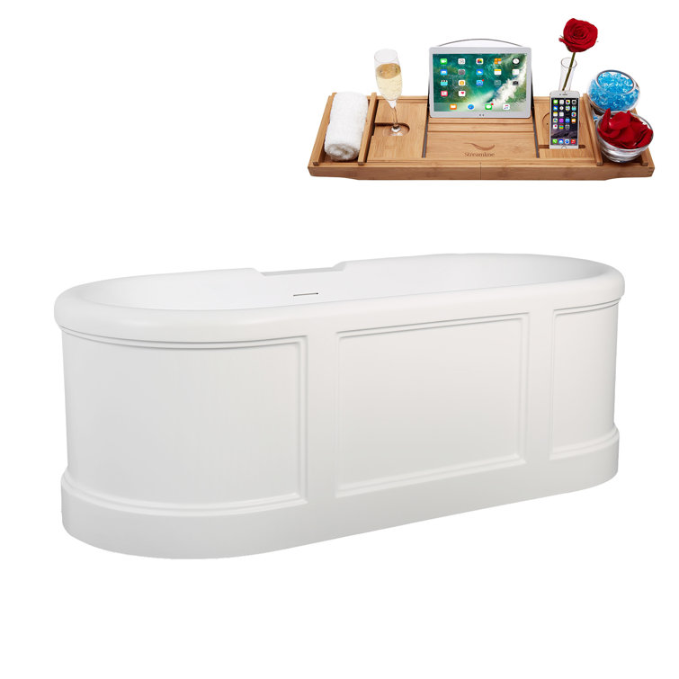 67" Matte White Acrylic Freestanding Soaking Tub with Polished Gold Trim