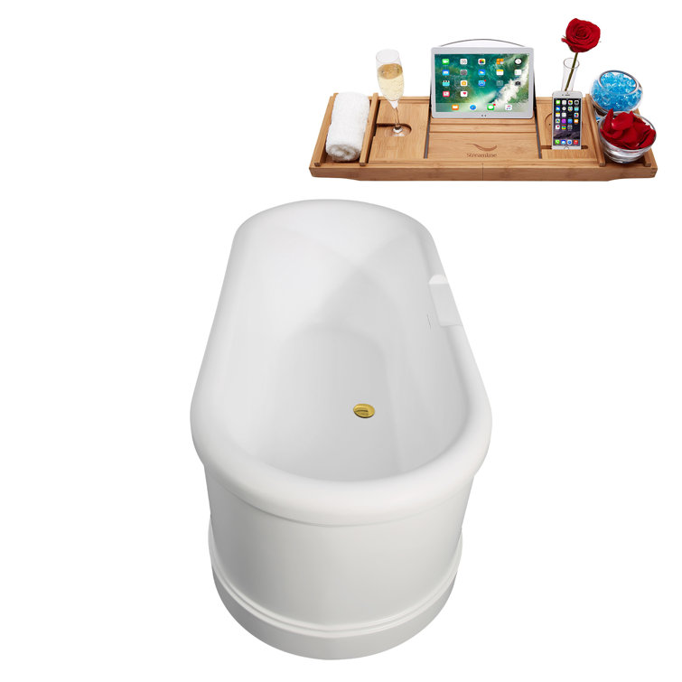67" Matte White Acrylic Freestanding Soaking Tub with Polished Gold Trim