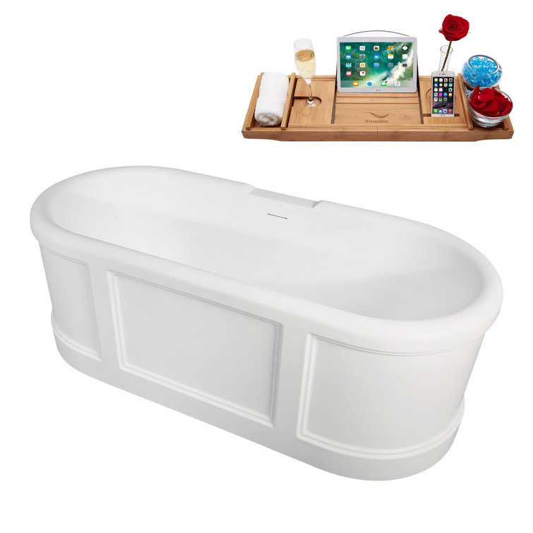67'' Matte White Acrylic Freestanding Double Slipper Tub with Tray