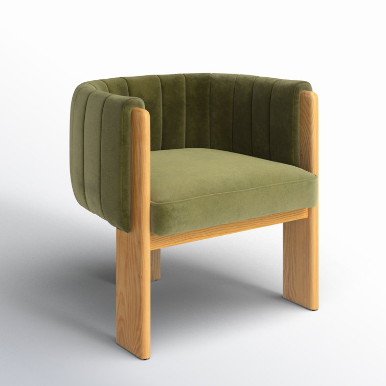 Green Velvet and Natural Wood Barrel Chair