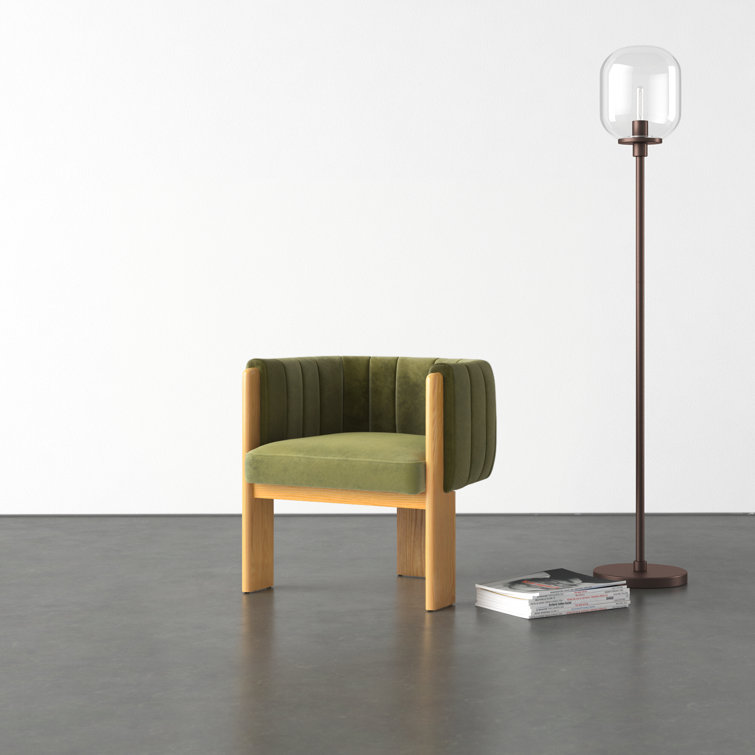 Green Velvet and Natural Wood Barrel Chair