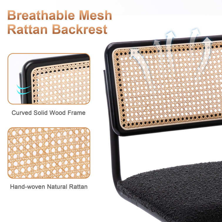 Black Boucle Upholstered Side Chair with Rattan Cane Back