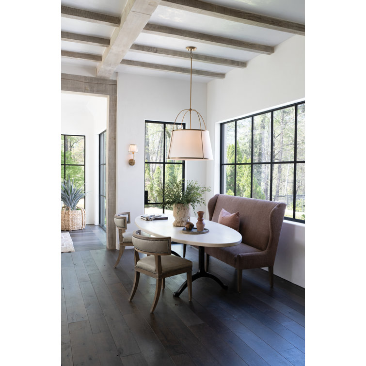 Lacquered Dark Brass Drum Chandelier with Off-White Linen Shade