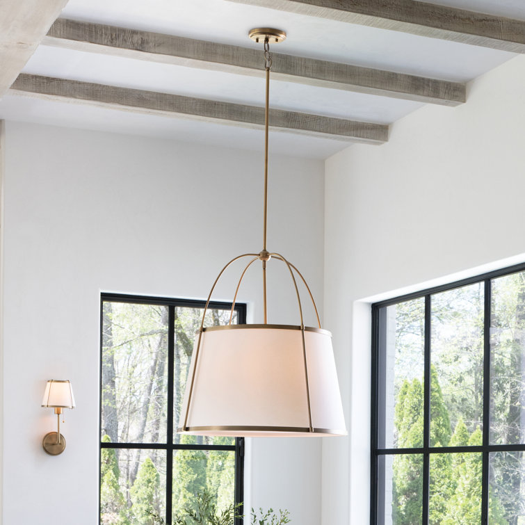 Lacquered Dark Brass Drum Chandelier with Off-White Linen Shade