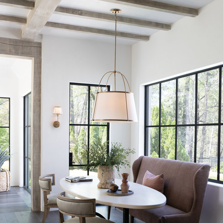 Lacquered Dark Brass Drum Chandelier with Off-White Linen Shade