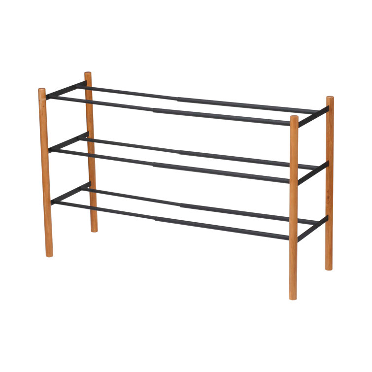 Expandable Black and Light Wood 3-Tier Shoe Rack