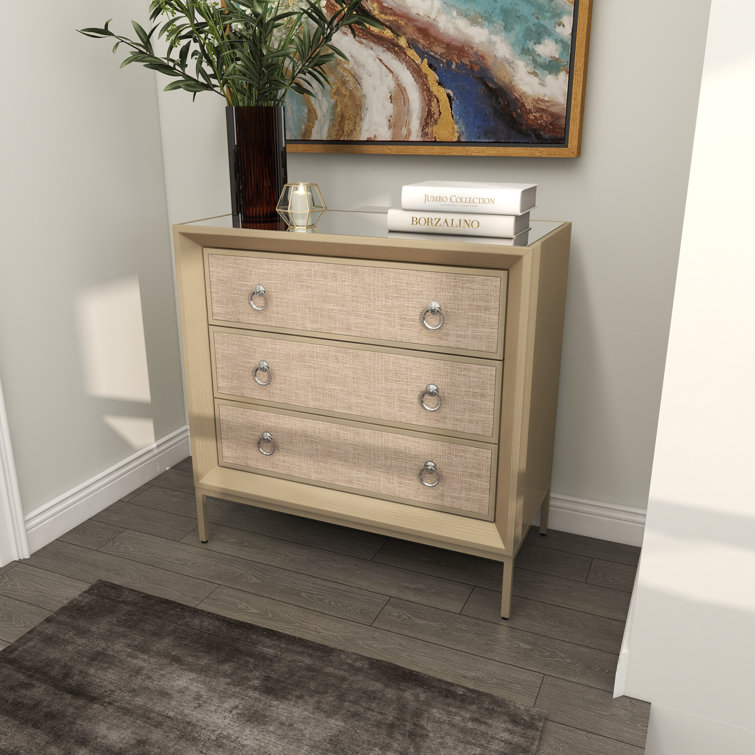 Beige Upholstered 3 Drawer Chest with Mirrored Top and Ring Handles
