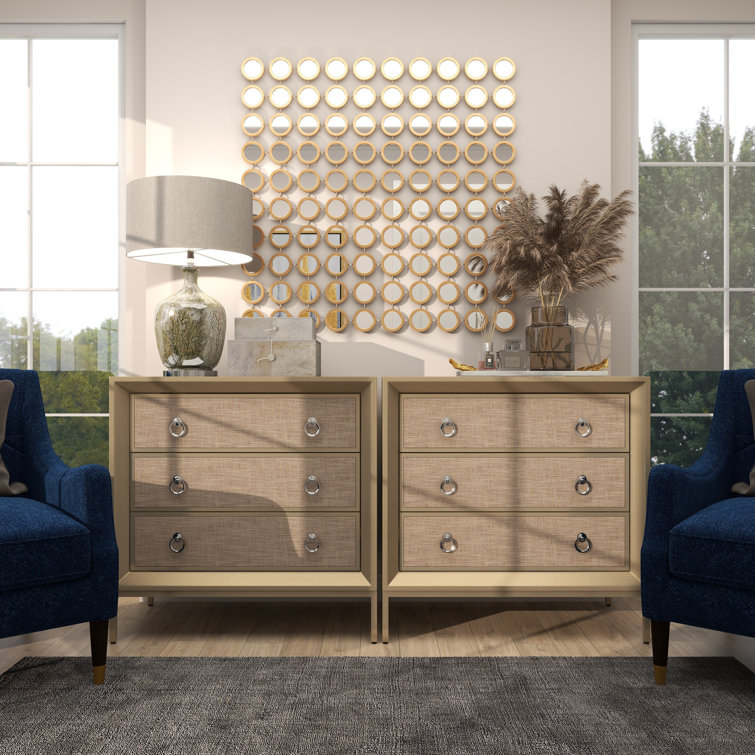Beige Upholstered 3 Drawer Chest with Mirrored Top and Ring Handles