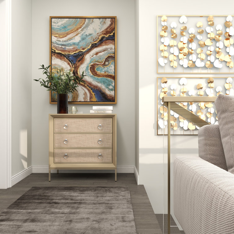 Beige Upholstered 3 Drawer Chest with Mirrored Top and Ring Handles