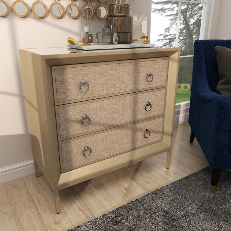 Beige Upholstered 3 Drawer Chest with Mirrored Top and Ring Handles